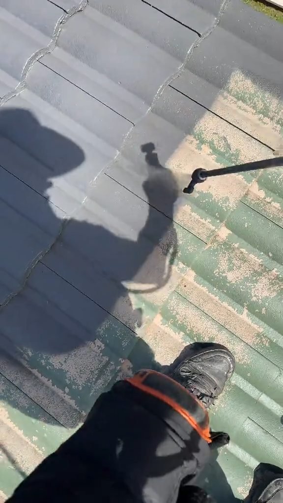 Pressure cleaning a tiled roof: the washed strip beside the weathered tiles